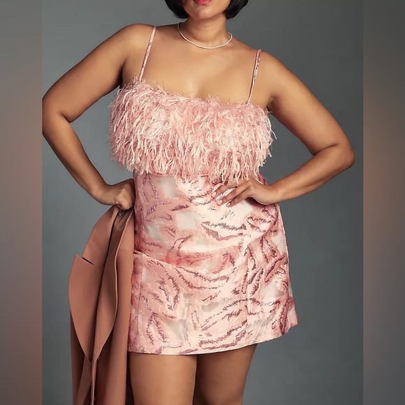 Anthropologie Strapless Feathered Metallic Mini Dress Pink Size XS - Picture 4 of 5